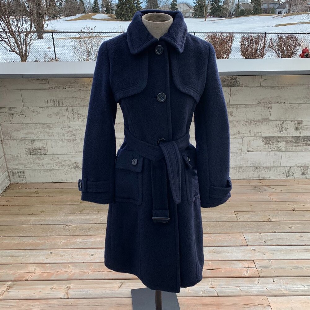 Zooc Wool Trench Coat Overcoat Women's XS Navy Belted Minimalist Preppy Jacket